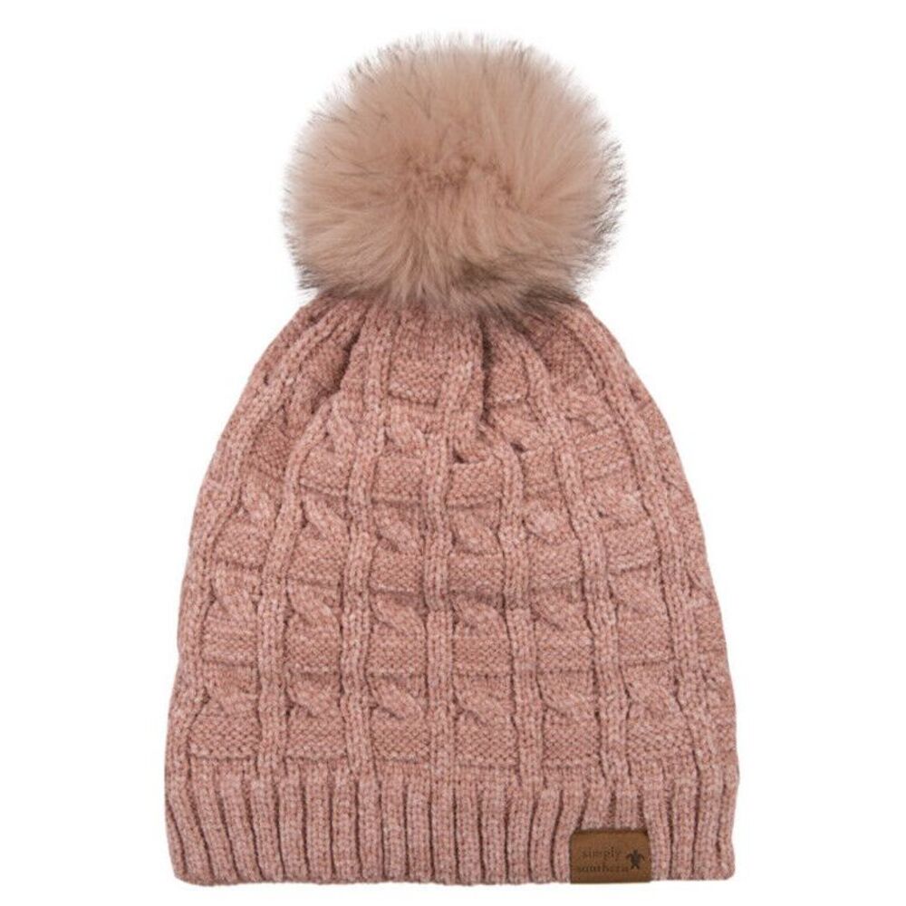 New Simply Southern Chenille Knit Fuzzy Sherpa Lined Pom Beanie Hat‎ Pink Blush